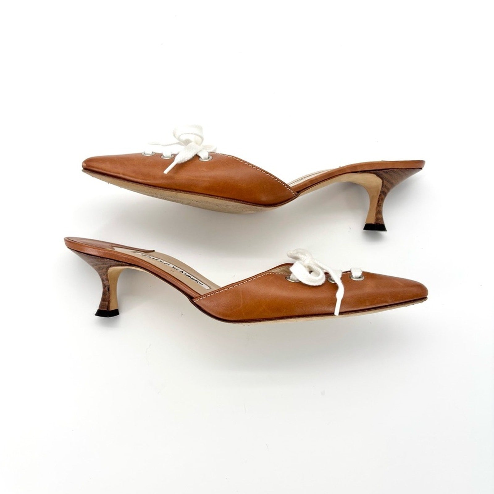 Vintage Manolo Blahnik Bow Laceup Brown Leather Pointed Toe Heeled Mules 37.5