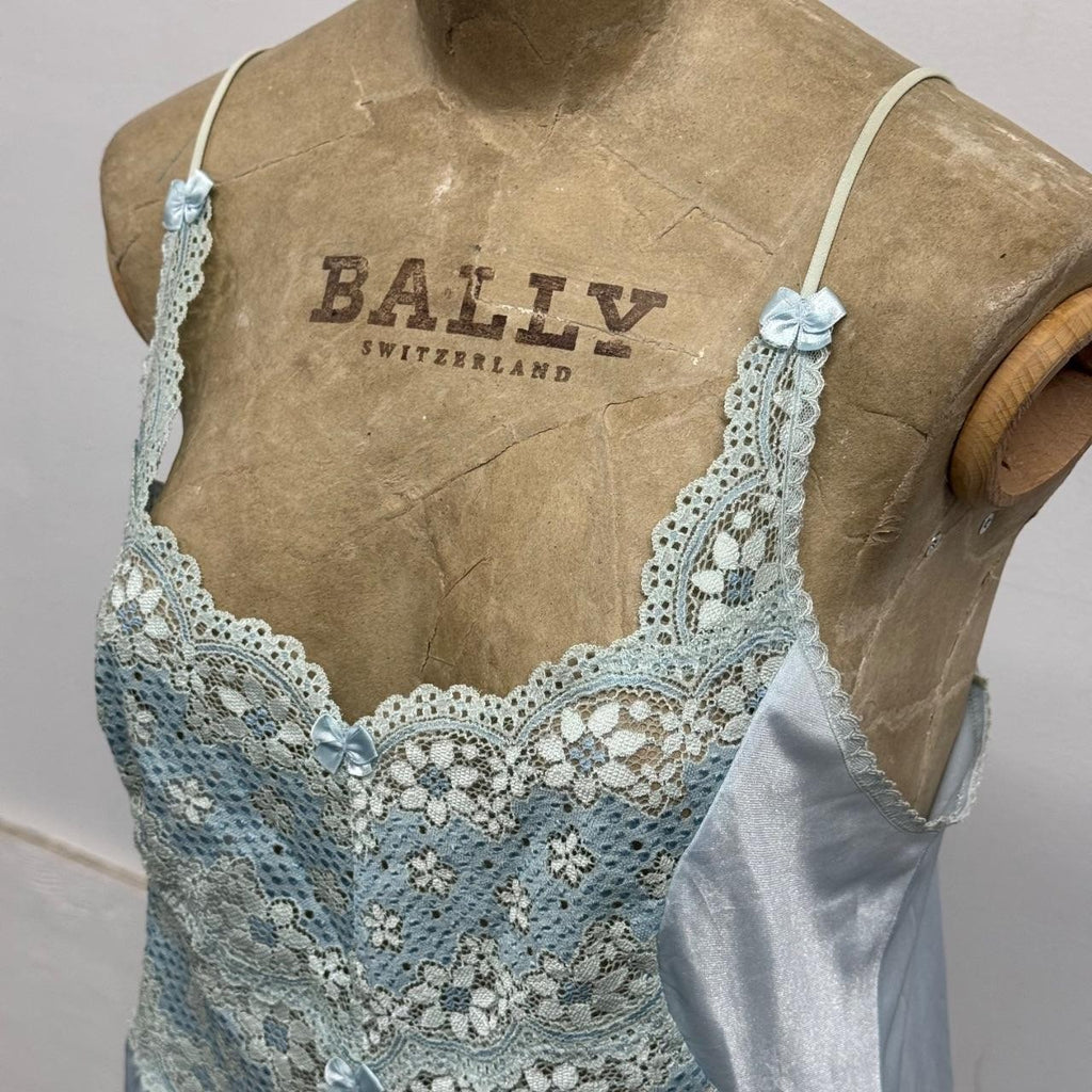 Vintage Japanese Baby Blue Satin Floral Lace Mini Slip Dress