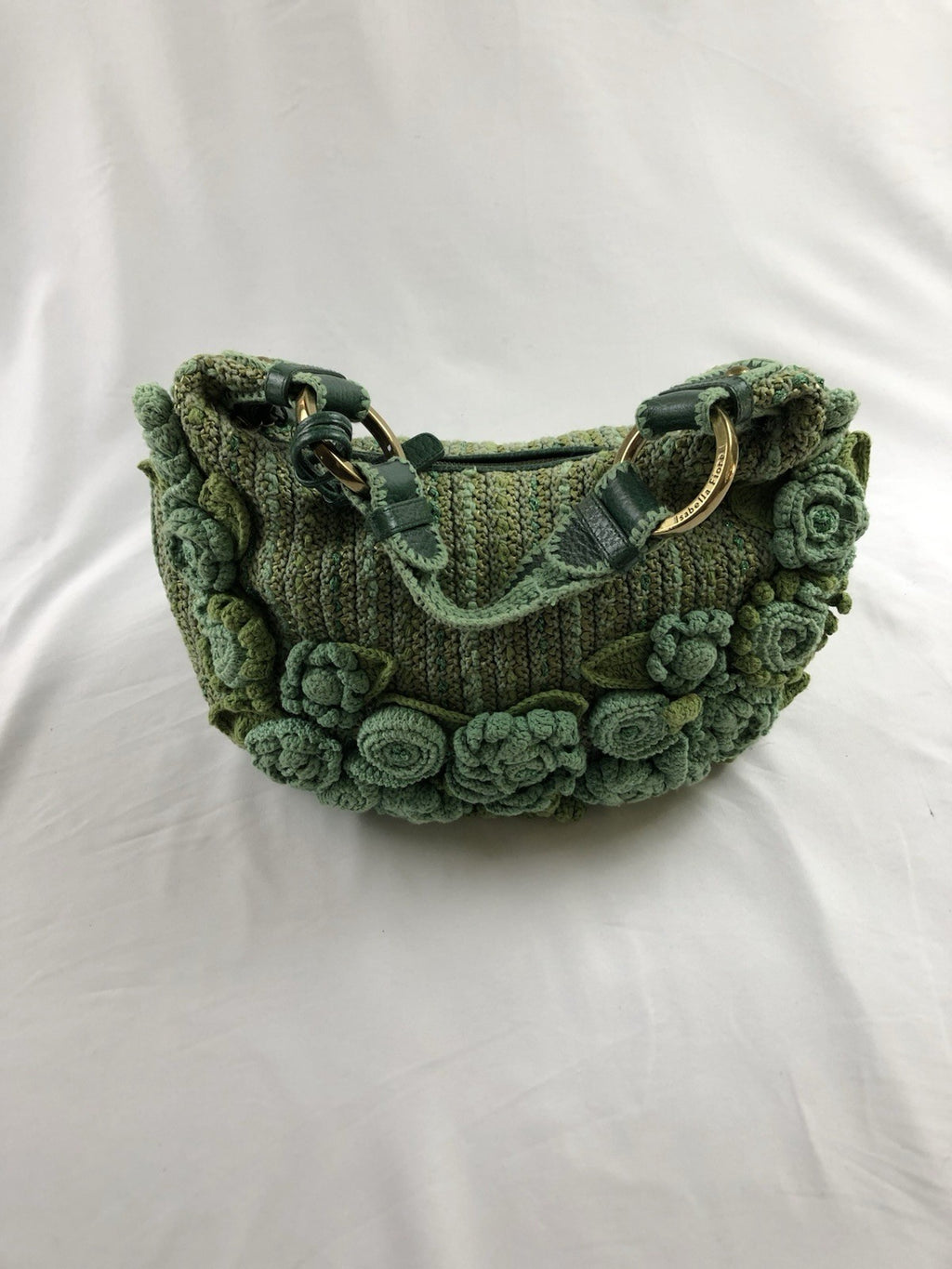Isabella Fiore Green Crochet Floral Applique Shoulder Bag