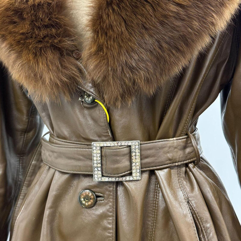 Vintage Y2K Brown Leather and Fox Fur Trench Coat