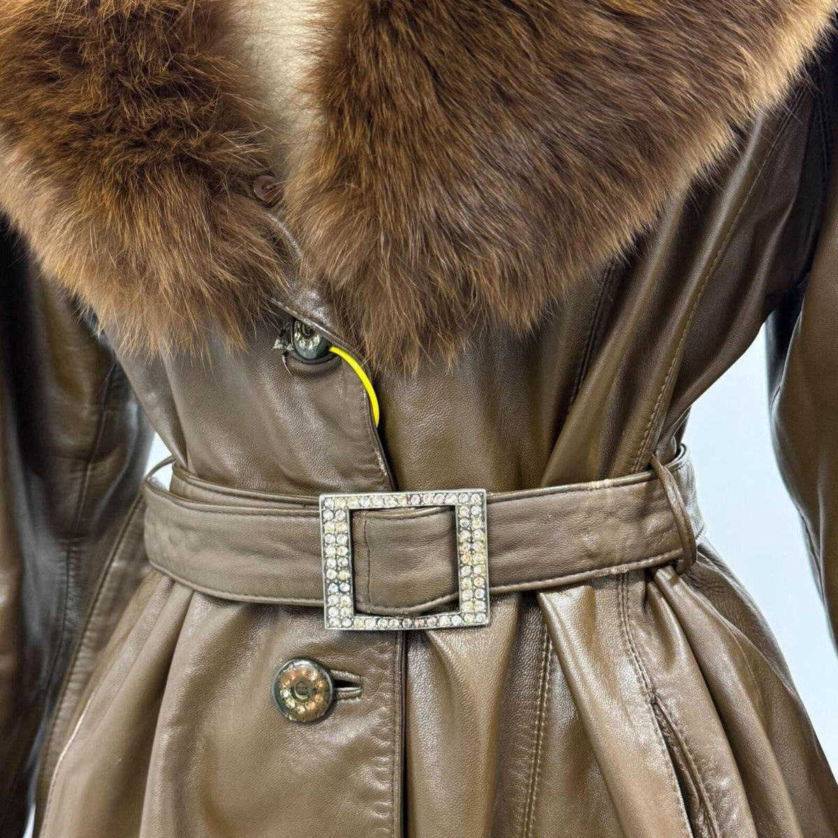 Vintage Y2K Brown Leather and Fox Fur Trench Coat