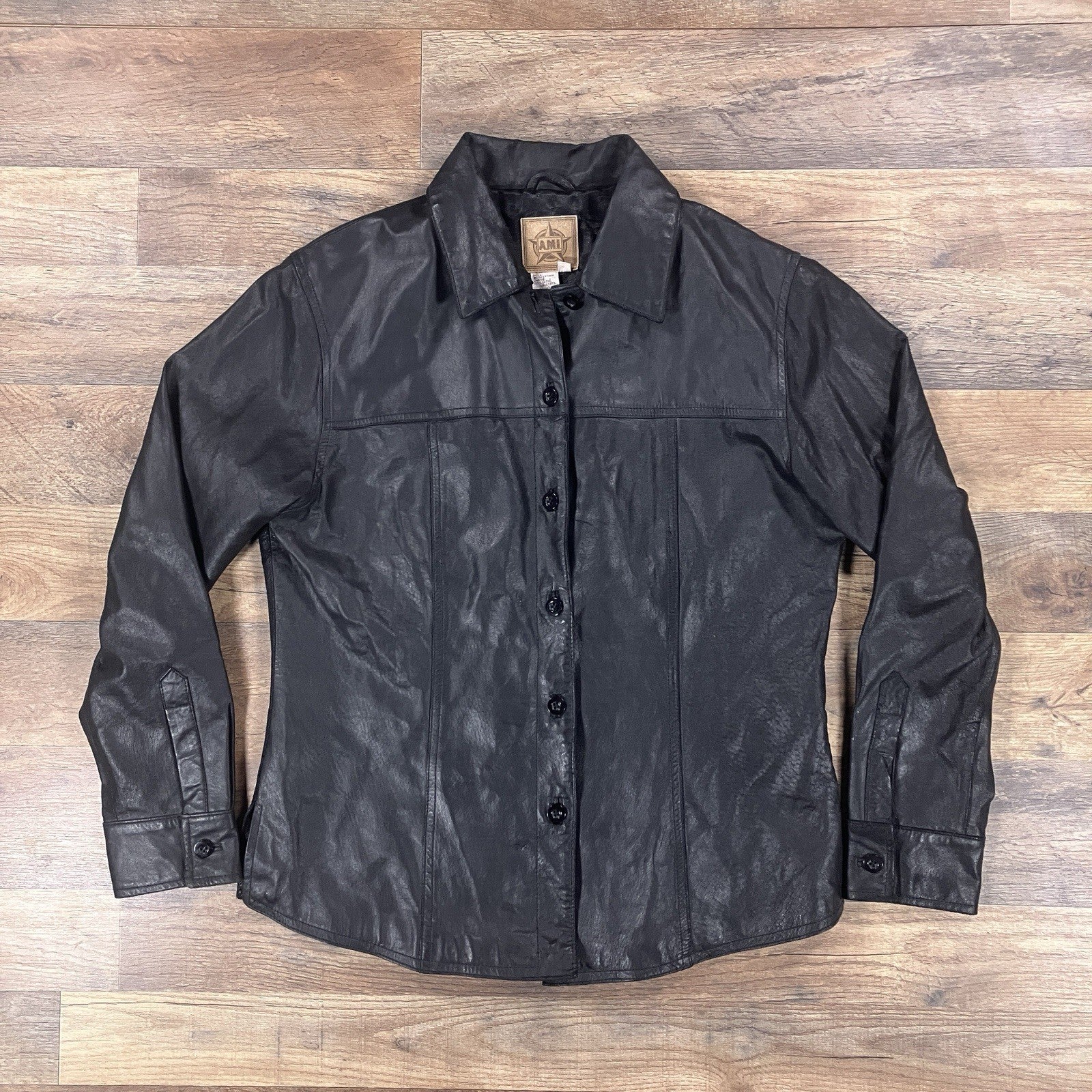AMI Leather Shirt Womens Medium Black Long Sleeve Lined Button Up