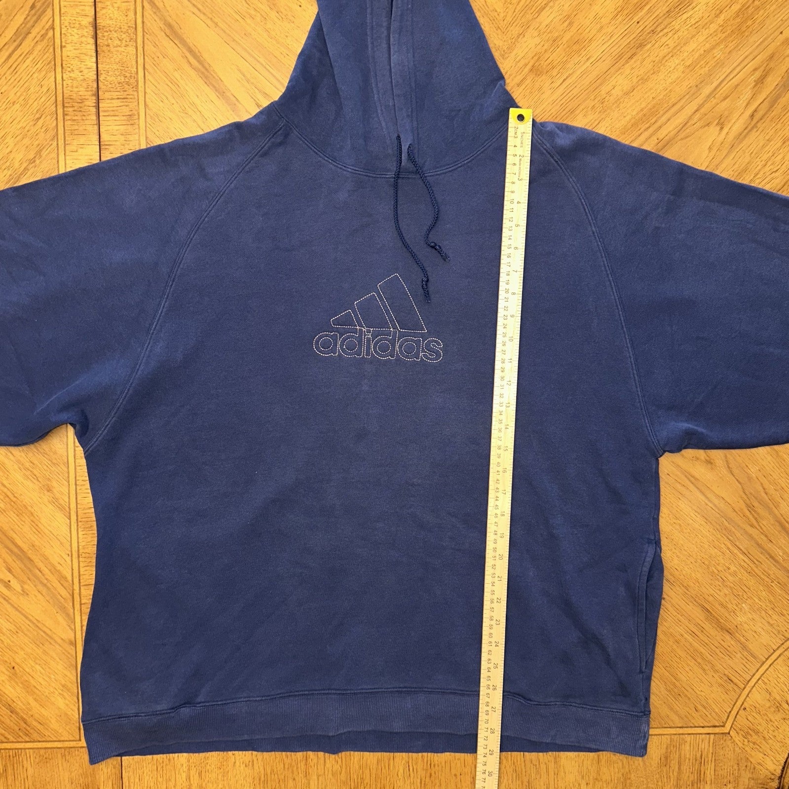 Vintage Adidas Hoodie Sz Large Center Logo Spellout Navy Embroidered Distressed