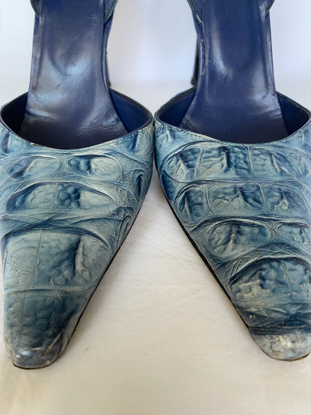 Casadei Blue Crocodile Embossed Leather Slingback Heel Size 6.5
