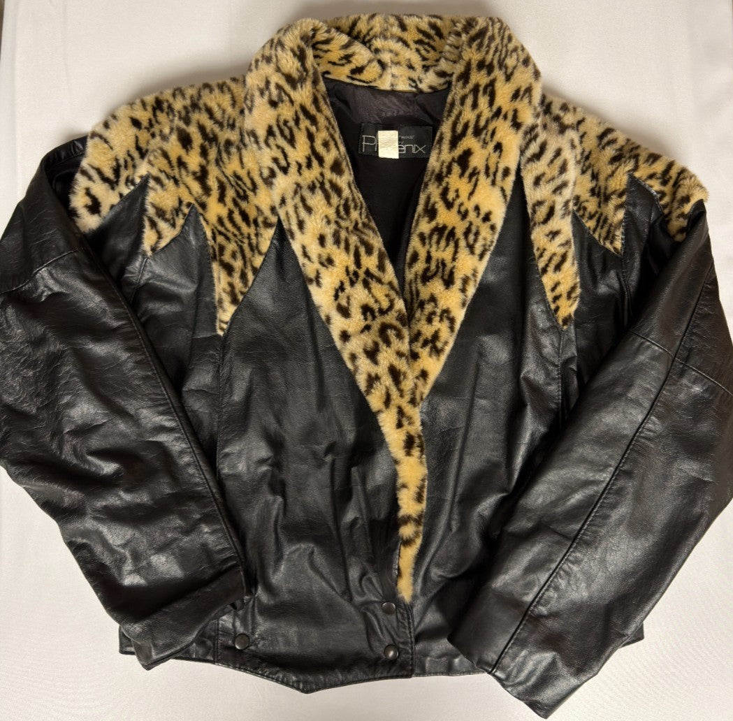 Phoenix Leather Jacket Small Black with Leopard Fur