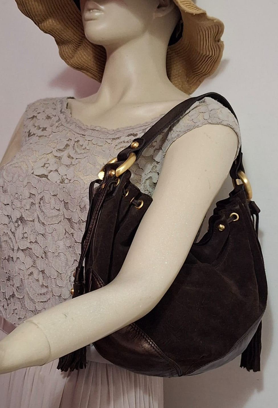Francesco Biasia Brown Leather and Suede Medium Shoulder Bag with Tassels
