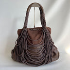 Diesel 2000s Brown Leather Shoulder Bag with Fringe Large