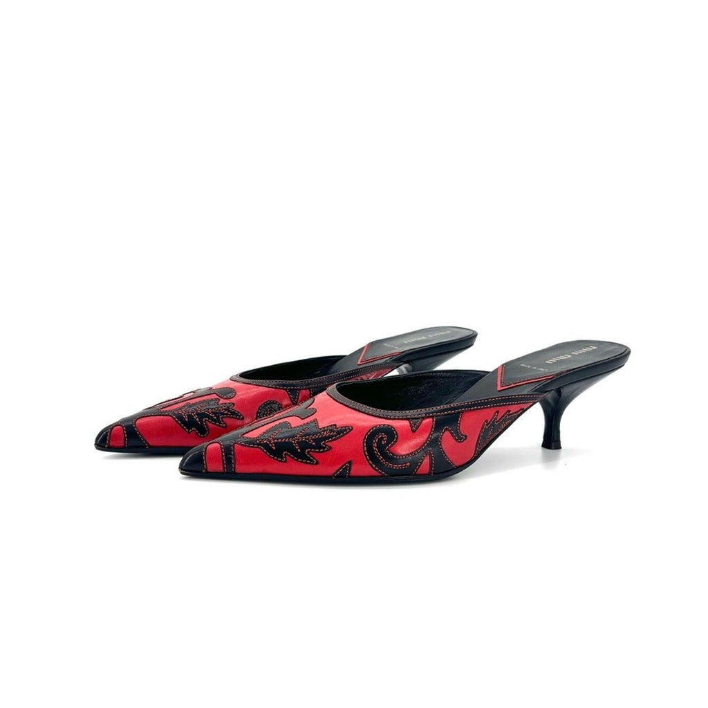 Vintage Miu Miu Embroidered Leaf Pointed Toe Slip On Kitten Heel Mules 39