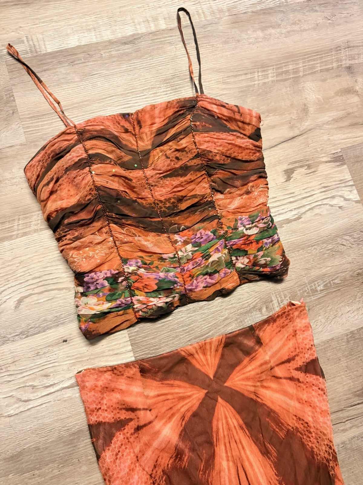 Y2K Euro Brown Floral Beaded Silk Two Piece Top and Skirt Small Medium