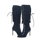 Manolo Blahnik 2015 Fringed Laceup Siouxi 105 Suede Knee High Heeled Boots 37.5