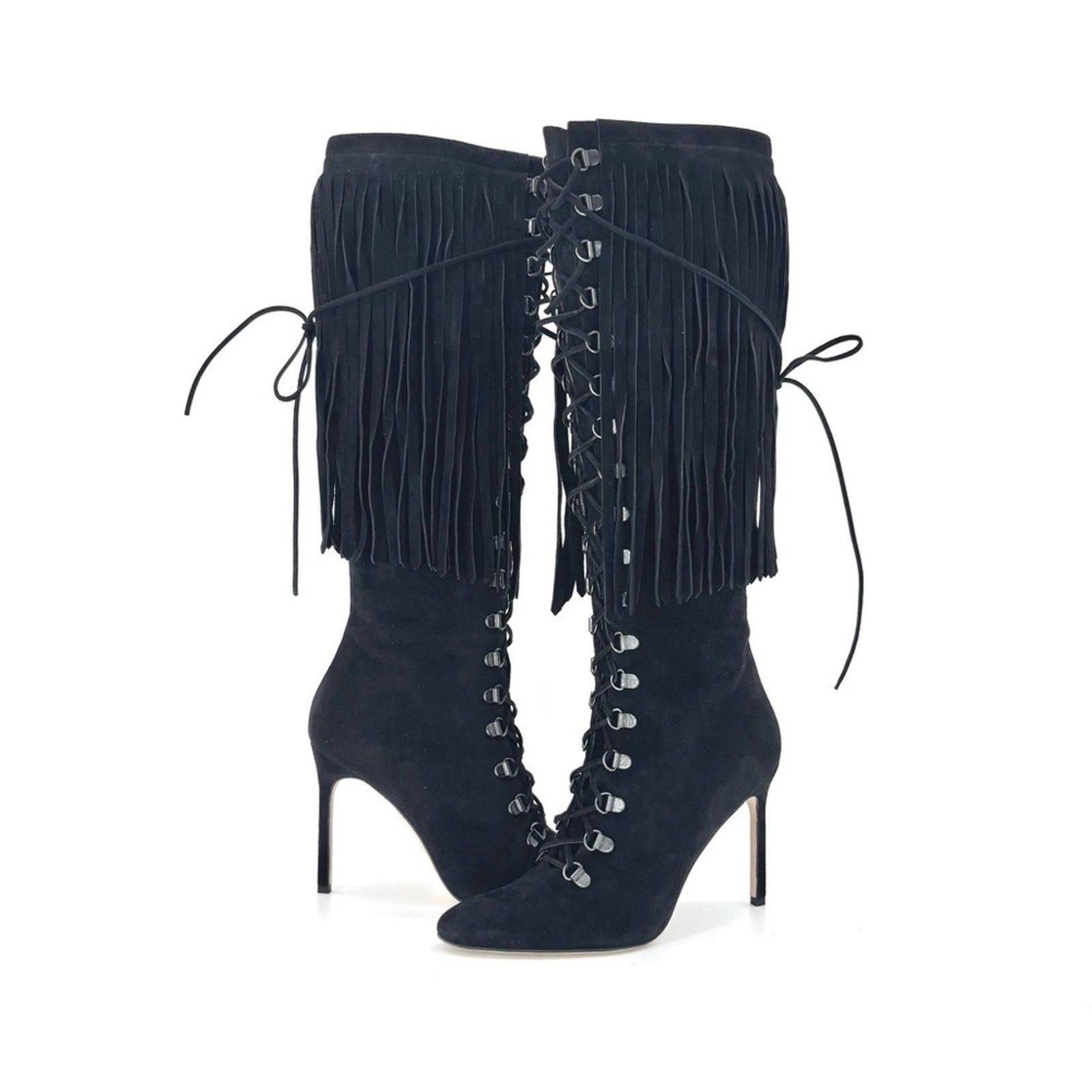 Manolo Blahnik 2015 Fringed Laceup Siouxi 105 Suede Knee High Heeled Boots 37.5