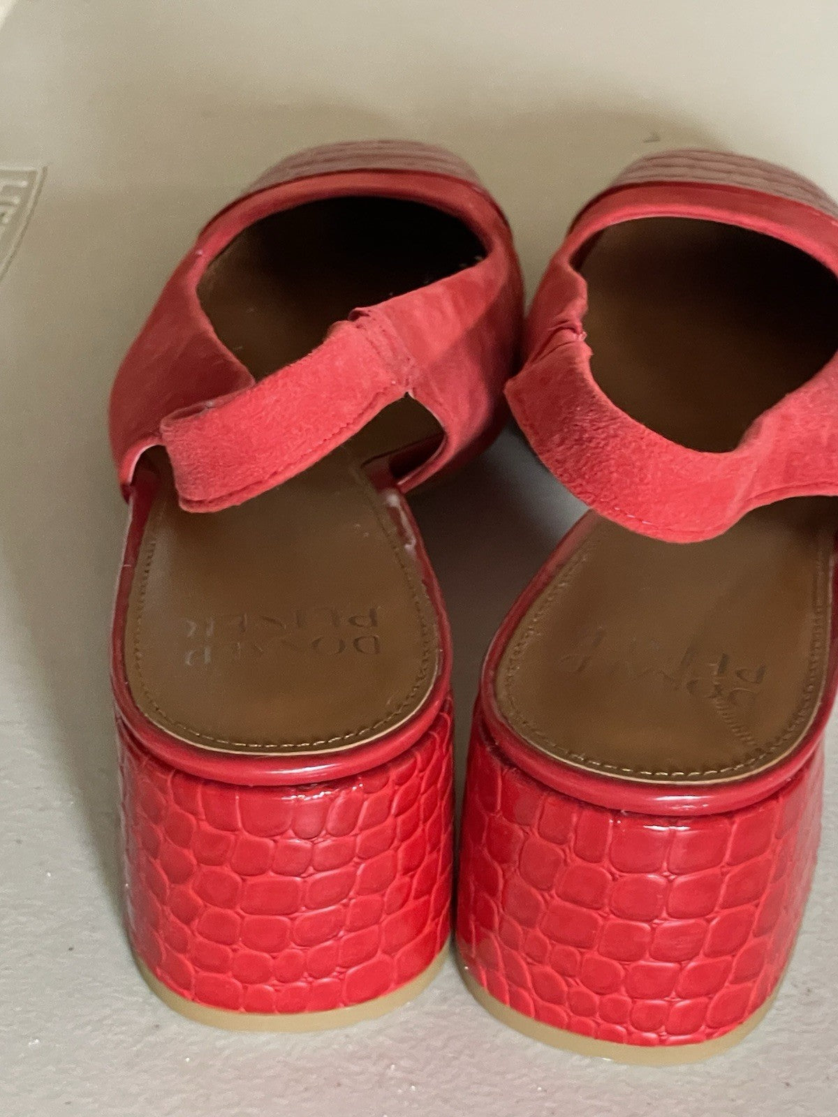 DONALD PLINER SUEDE CAP TOE SLINGBACK WITH CROCO- EMBOSSED HEEL AND TOE RED 9M
