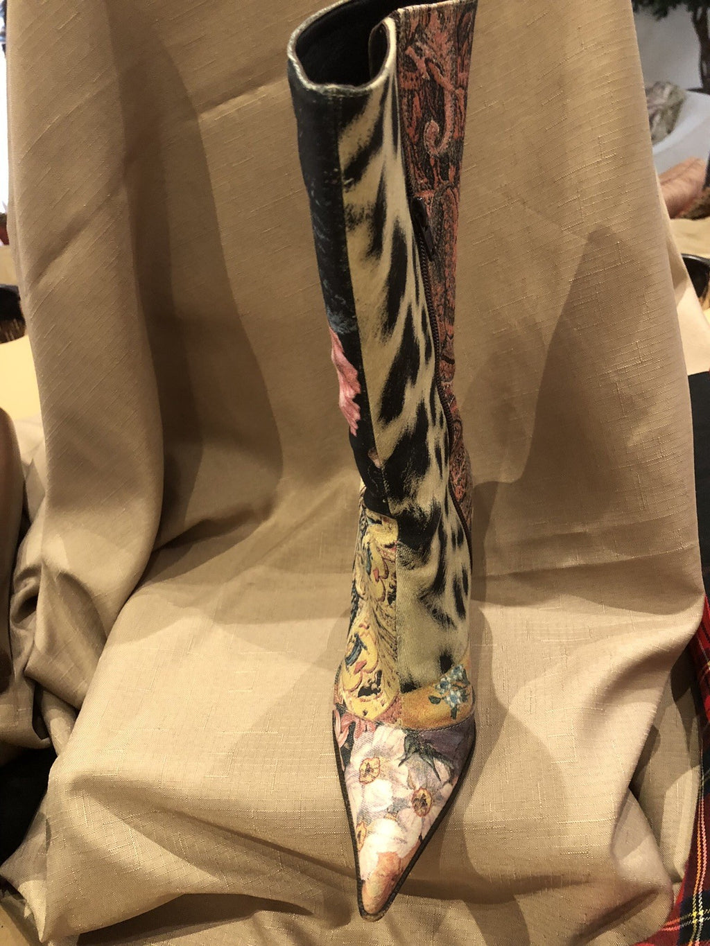VINTAGE ROBERTO CAVALLI BOOTS PATCHWORK- STILETTO HEEL 71/2 Excellent Condition!