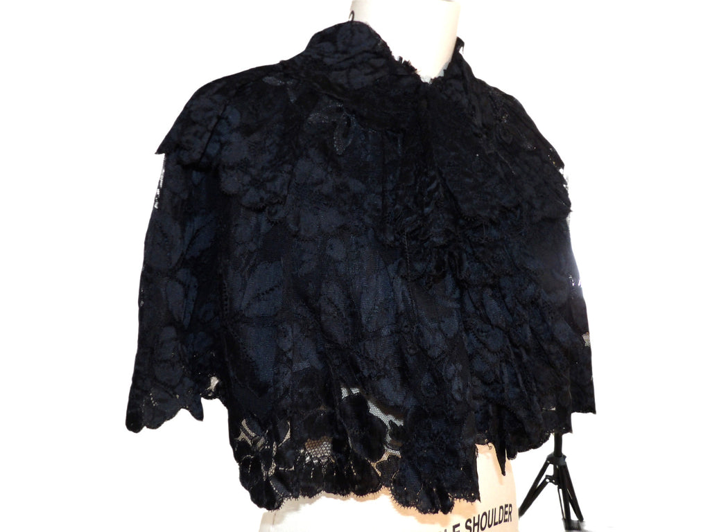 Vintage 1800's Victorian Gothic Black Lace Capelet w/ Beads  + Ruffle Size Small