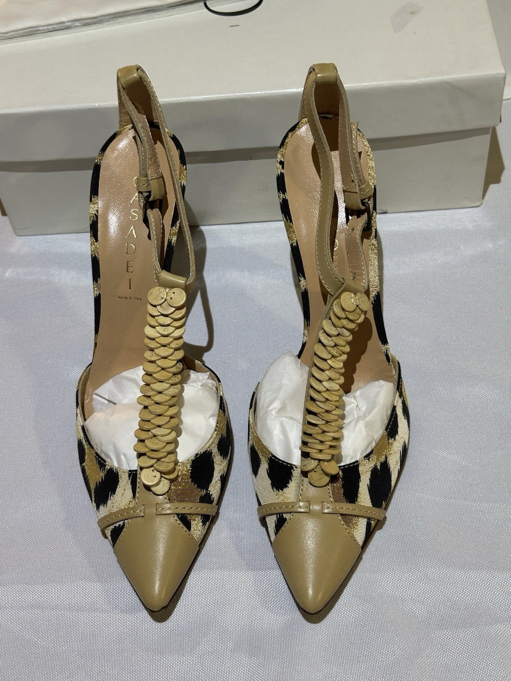 Casadei Natural Leopard Print Beige Leather Ankle Strap Heel 8.5