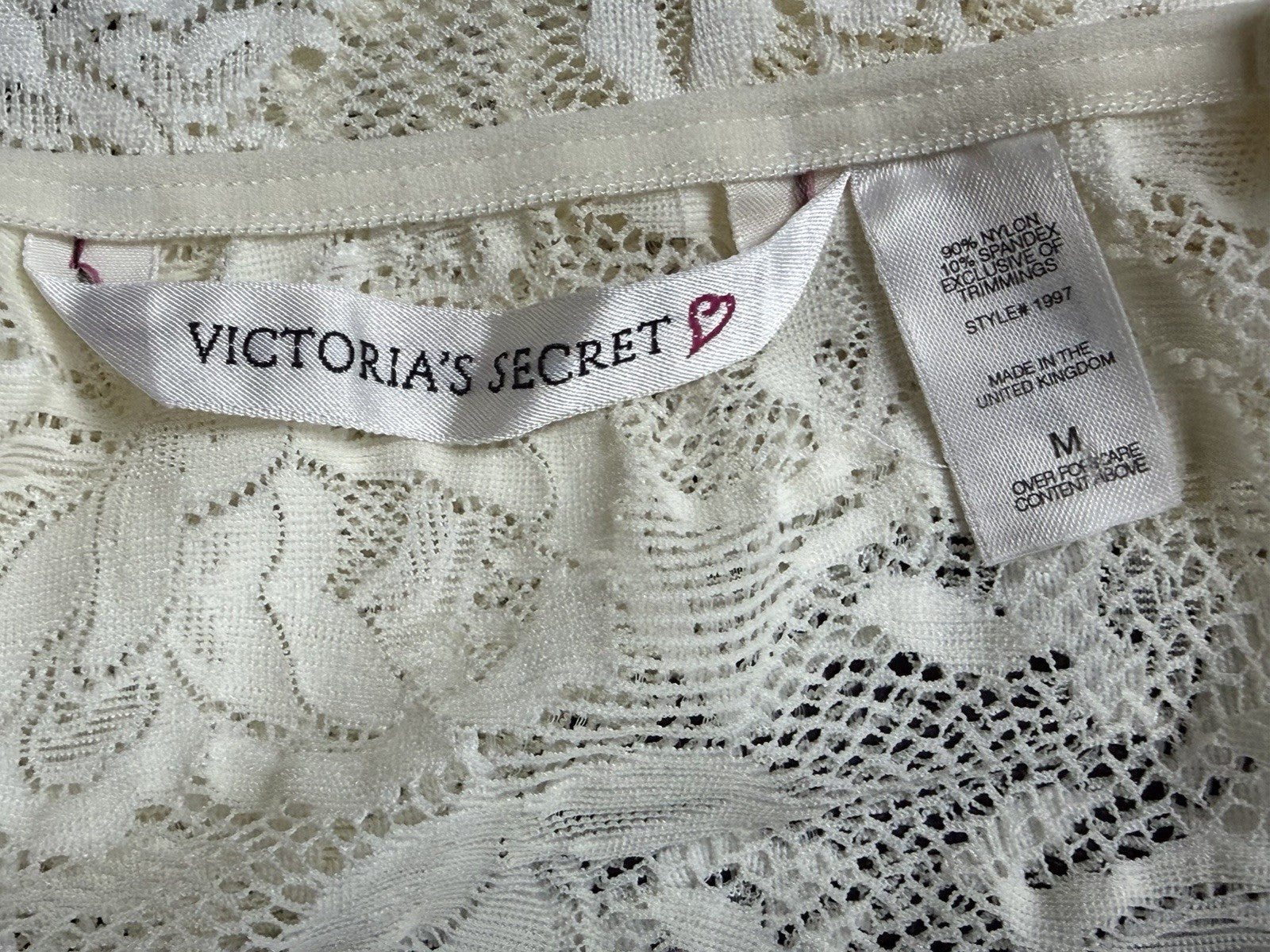 VTG 1997 Victoria's Secret Heart Tag Cream Floral Lace Slip Dress Chemise Medium