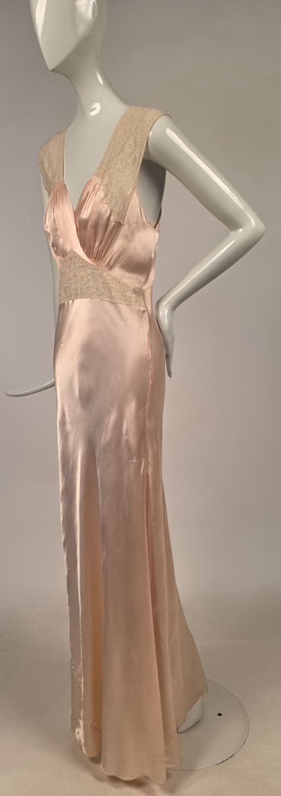 1930s Satin and Lace Long Slip Dress with Crossover Front