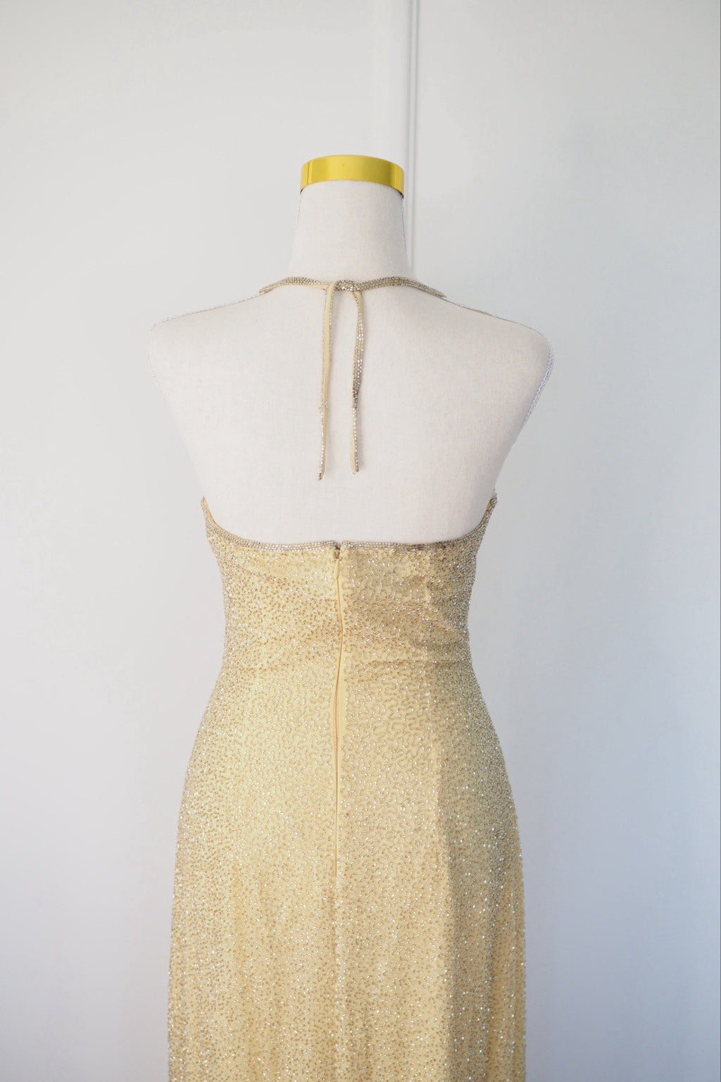 Vintage 90s Gold Beaded Sequin Silk Halter Gown Size S