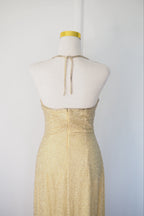 Vintage 90s Gold Beaded Sequin Silk Halter Gown Size S