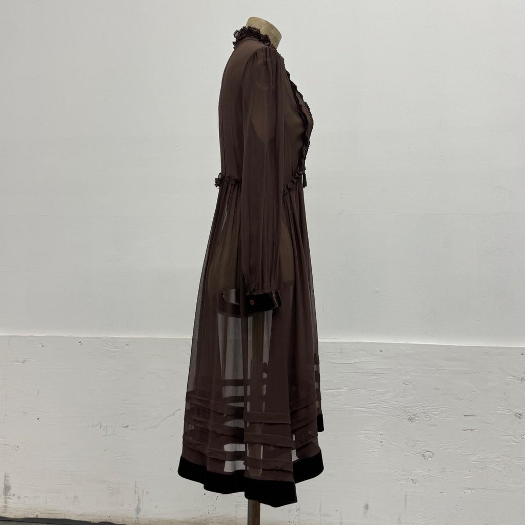 Vintage Brown 100% Silk Chiffon Edwardian-Style Ruffled Midi Dress
