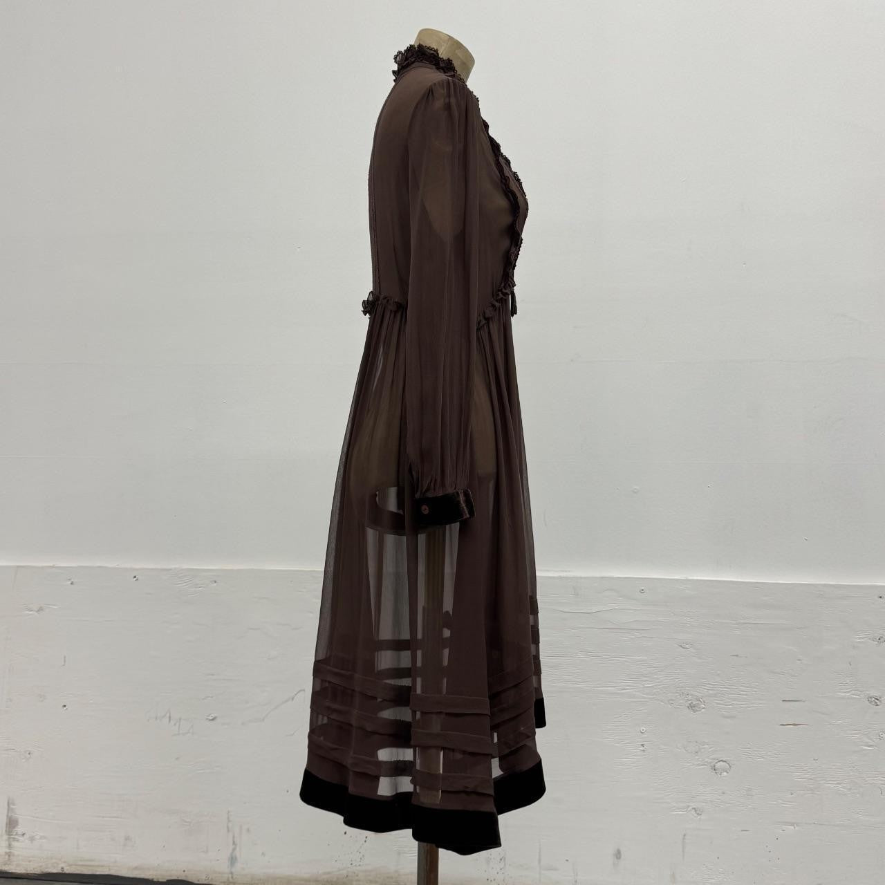 Vintage Brown 100% Silk Chiffon Edwardian-Style Ruffled Midi Dress