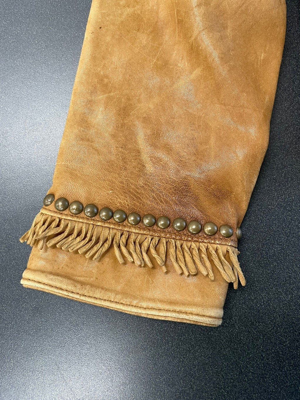 Double D Ranch Leather Jacket Brown Fringe Studded Western Medium
