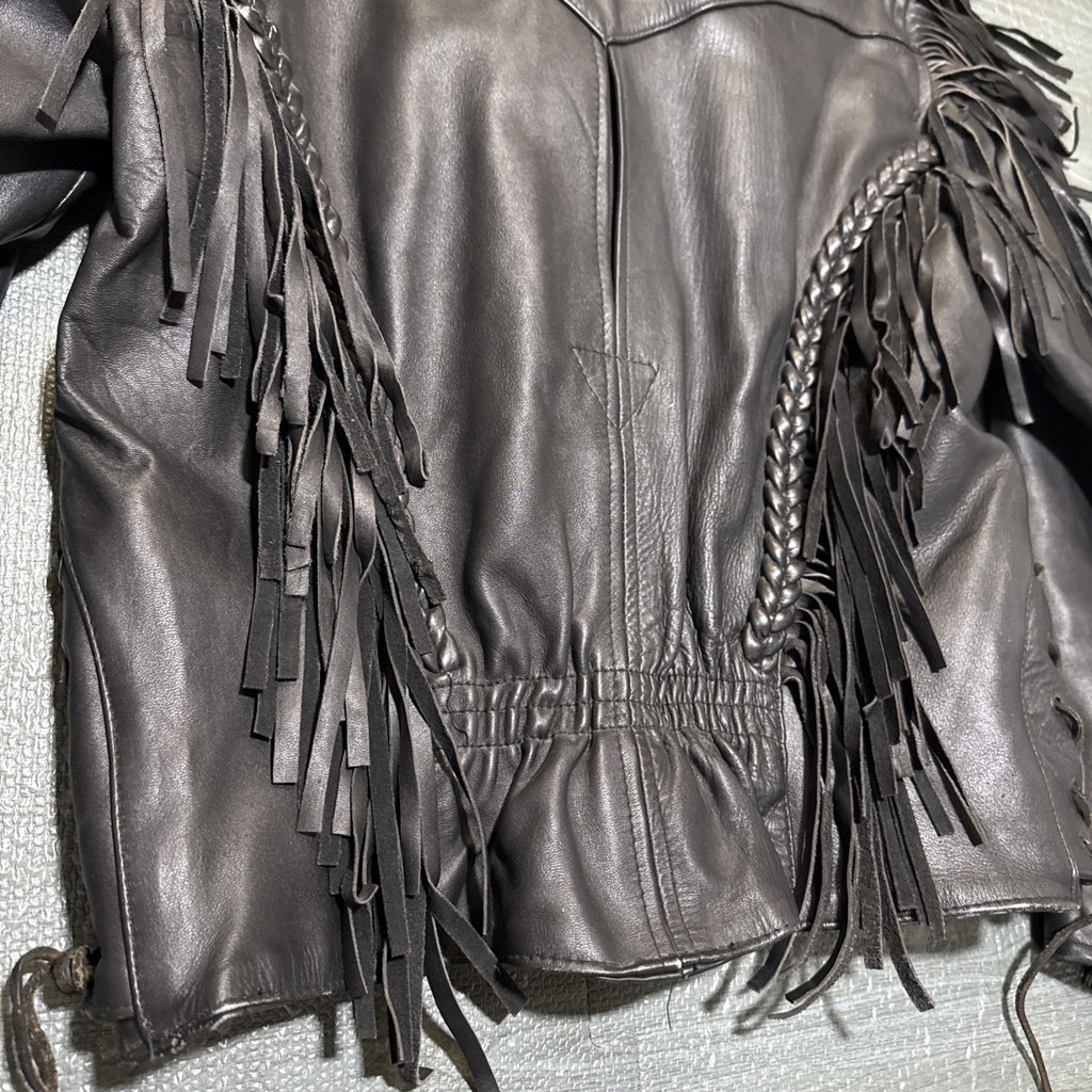 Vintage Route 66 Jacket Leather Fringe Front Zip Black Womens 12 Biker Rodeo