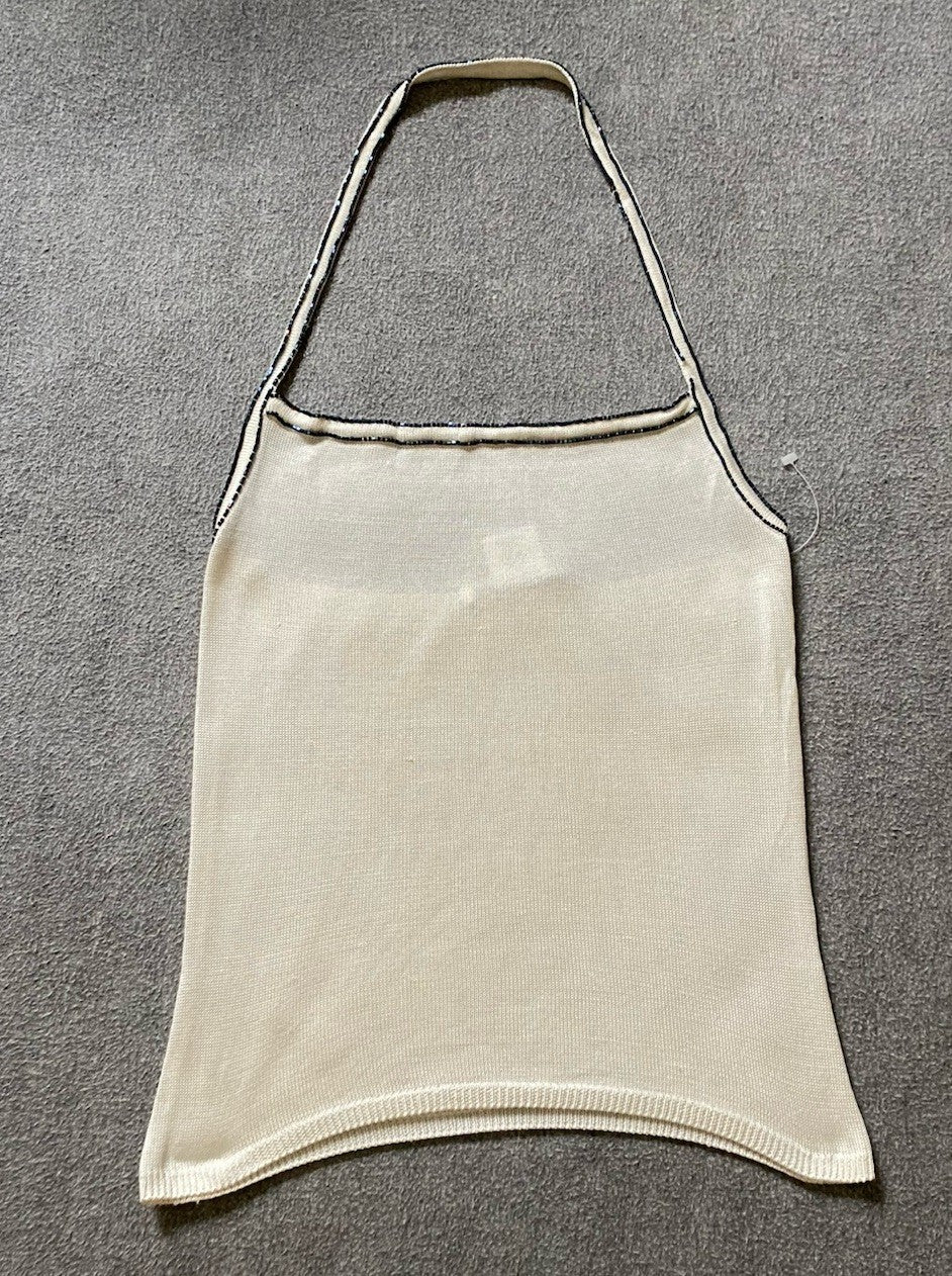 Colette Dinnigan 1990s Silk Halter Sweater Top Small Beaded Trim