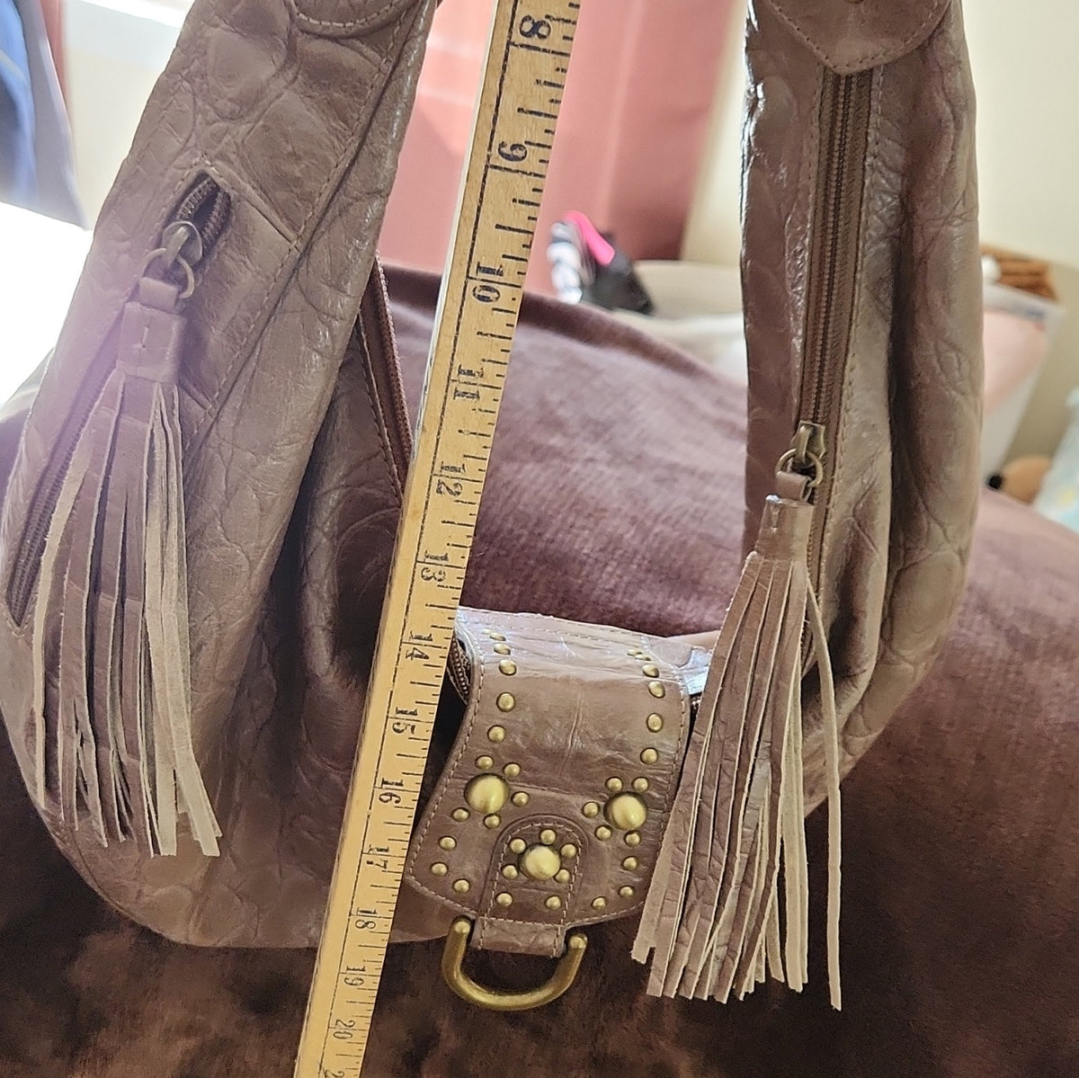 Kate Landry Grey Leather Embossed Hobo Shoulder Bag with Studded Tassel