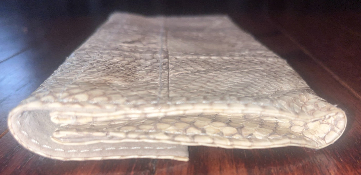 R&Y AUGOUSTI Python Snake Skin Leather Snap Wallet Clutch Ivory Brown Vintage