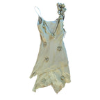 Vintage Cache Green Beaded Rosette Fringe Slip Dress