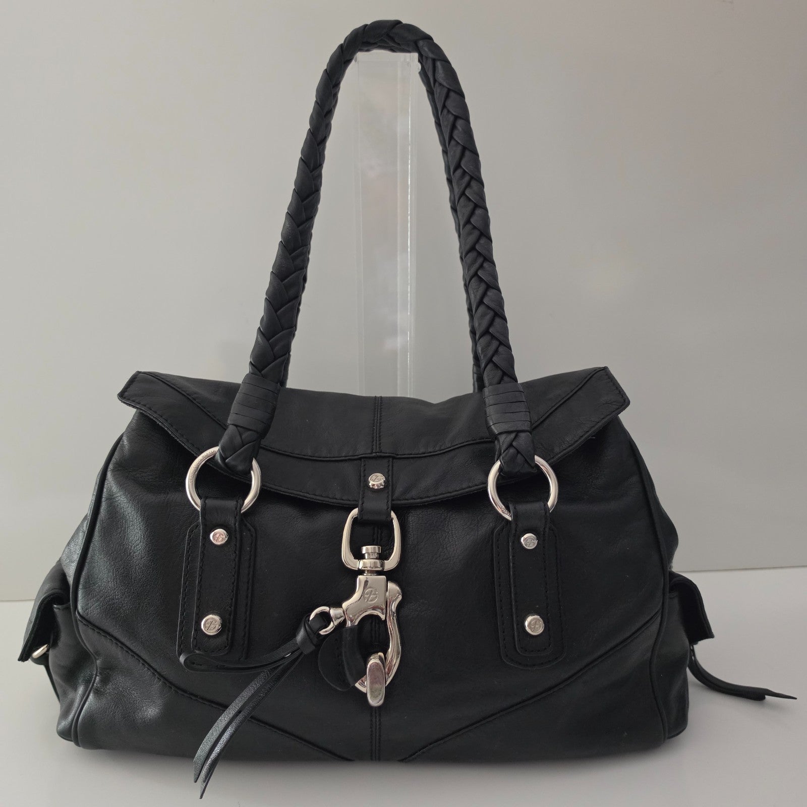 Francesco Biasia Large Black Leather Braided Shoulder Bag