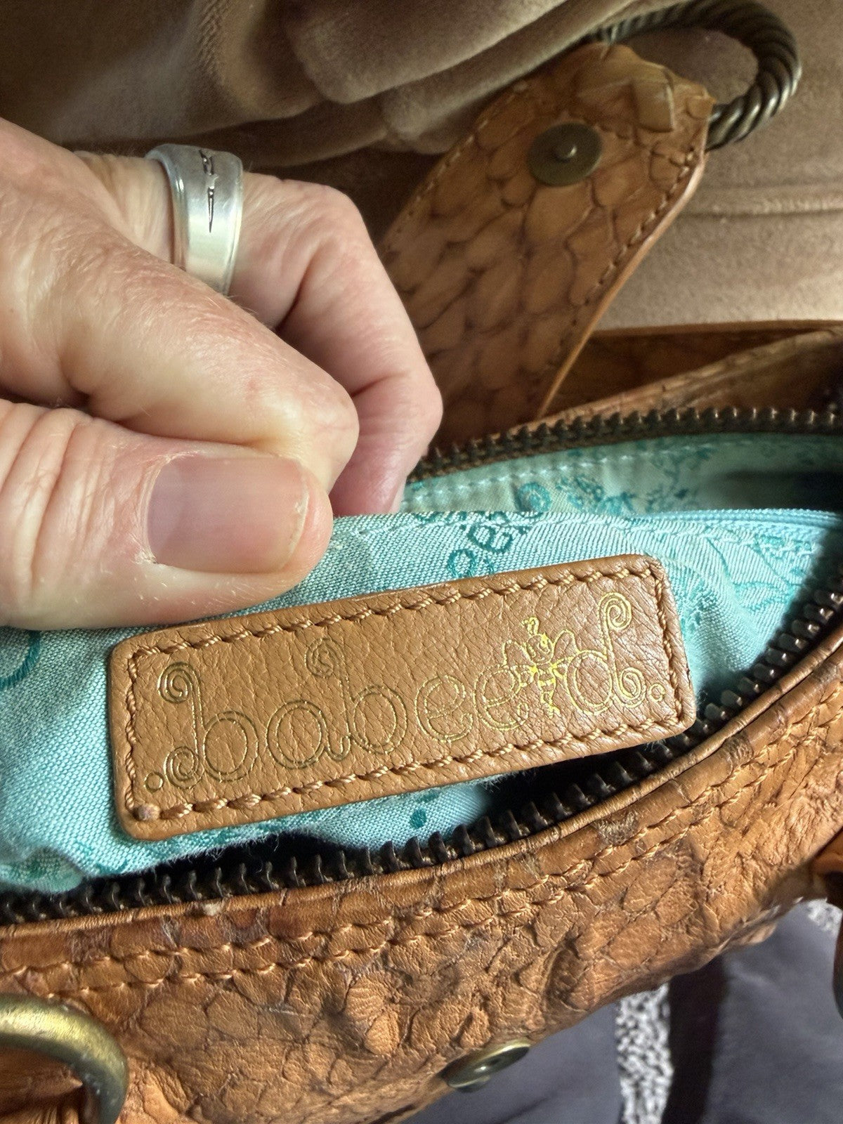 Babeed Brown Leather Snake Print Shoulder Bag