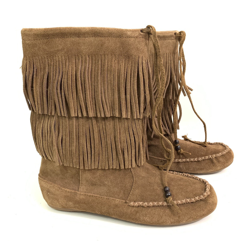 Minnetonka Size 9 Women’s Double Fringe Suede Chestnut Brown Boots