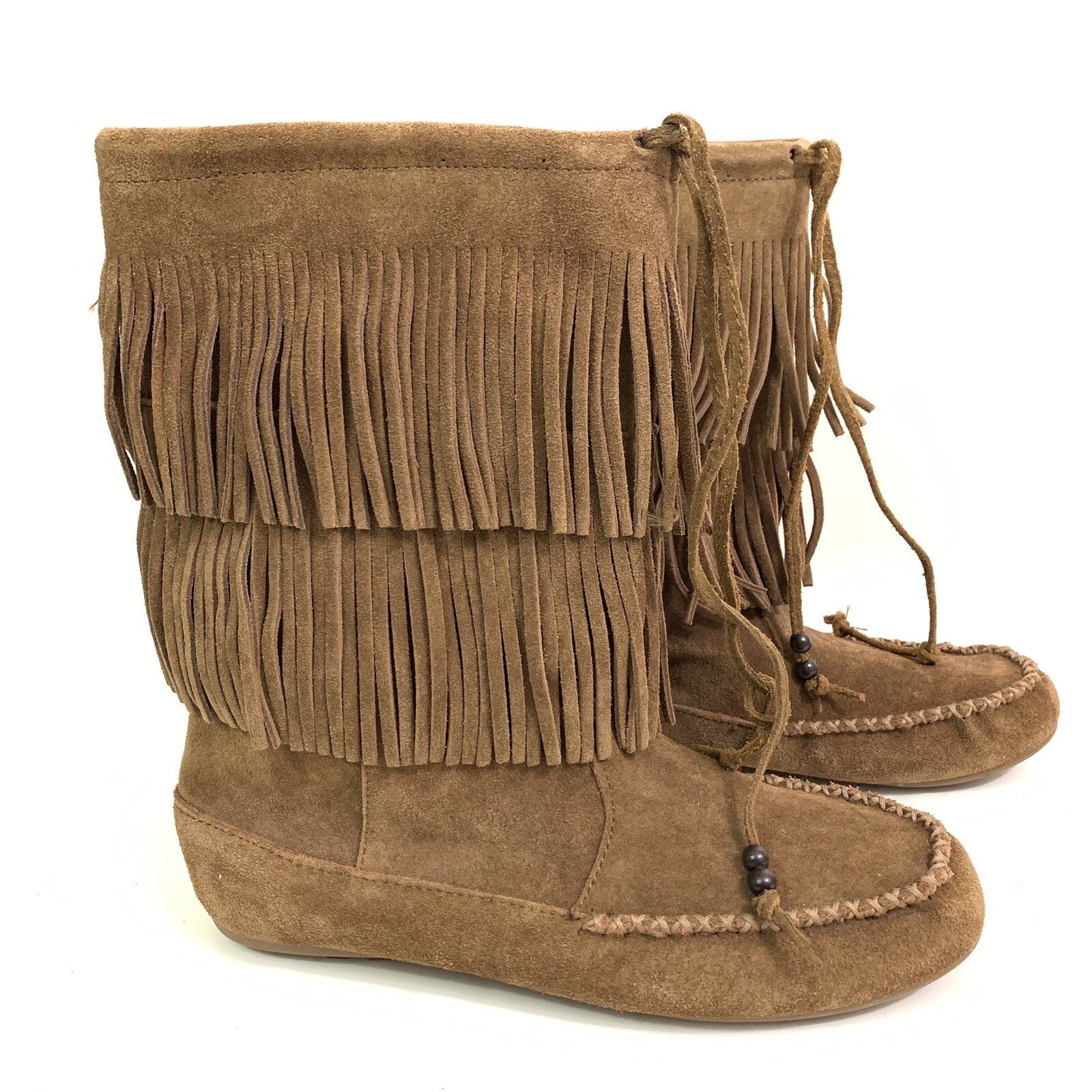 Minnetonka Size 9 Women’s Double Fringe Suede Chestnut Brown Boots