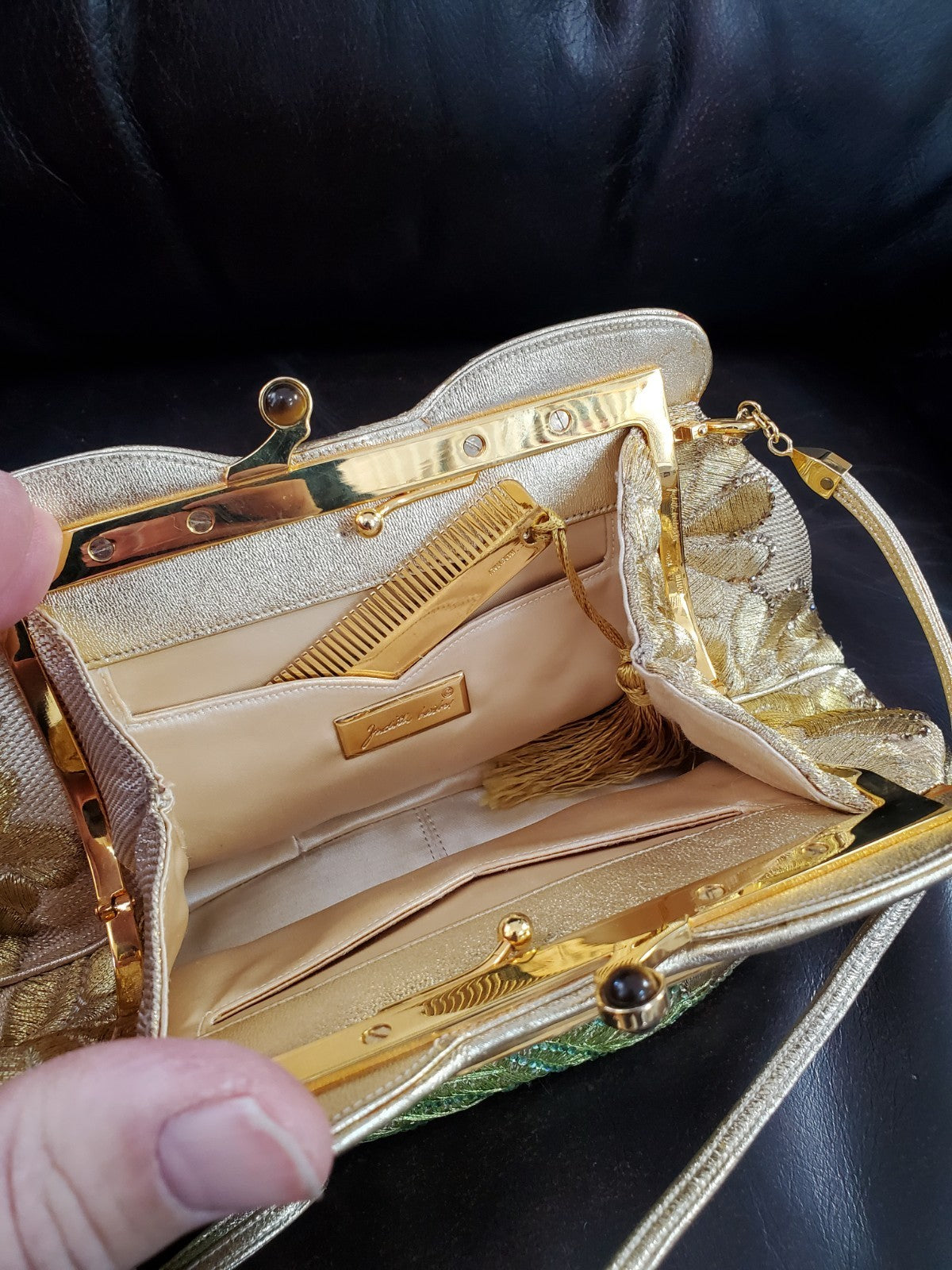 Judith Leiber Gold Floral Embroidered Crystal Beaded Clutch w/ Dust Bag & Comb