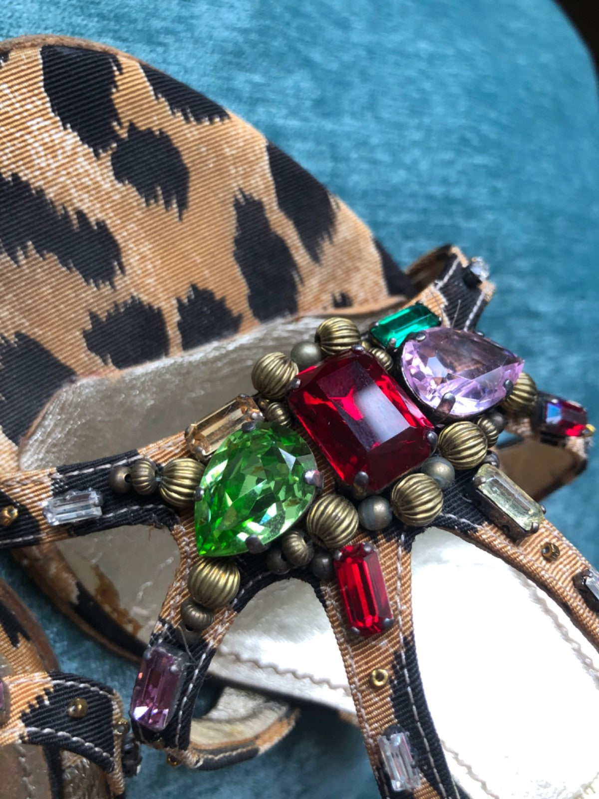Vintage Casadei Leopard Rhinestone Sandals Y2K Crystal Slingback Heels 9.5 Flaw
