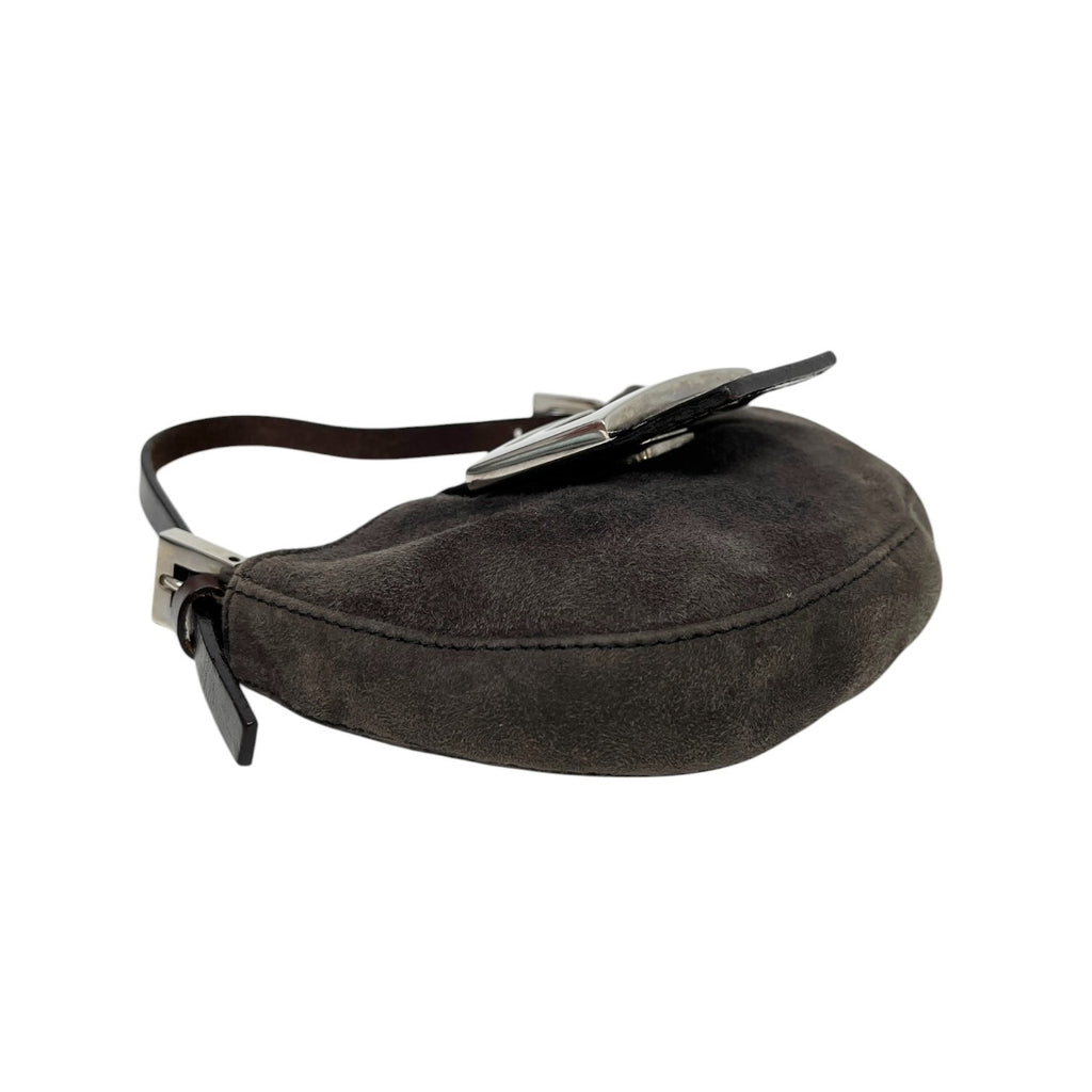 FENDI Vintage FF Logo Micro Croissant Suede Mini Bag Pochette Gray Brown Silver