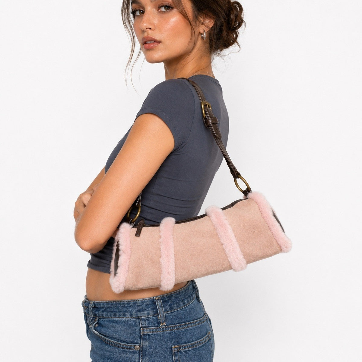 Wilson's Leather Y2K Pink Suede Shoulder Bag with Faux Fur Trim
