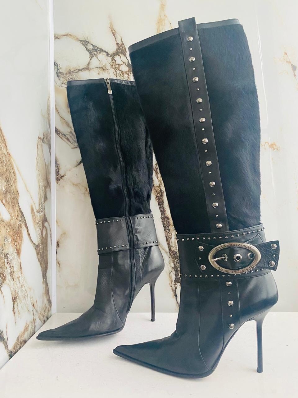 Gianmarco Lorenzi Women Boots  High Heels Black leather Italian Boots Size 38