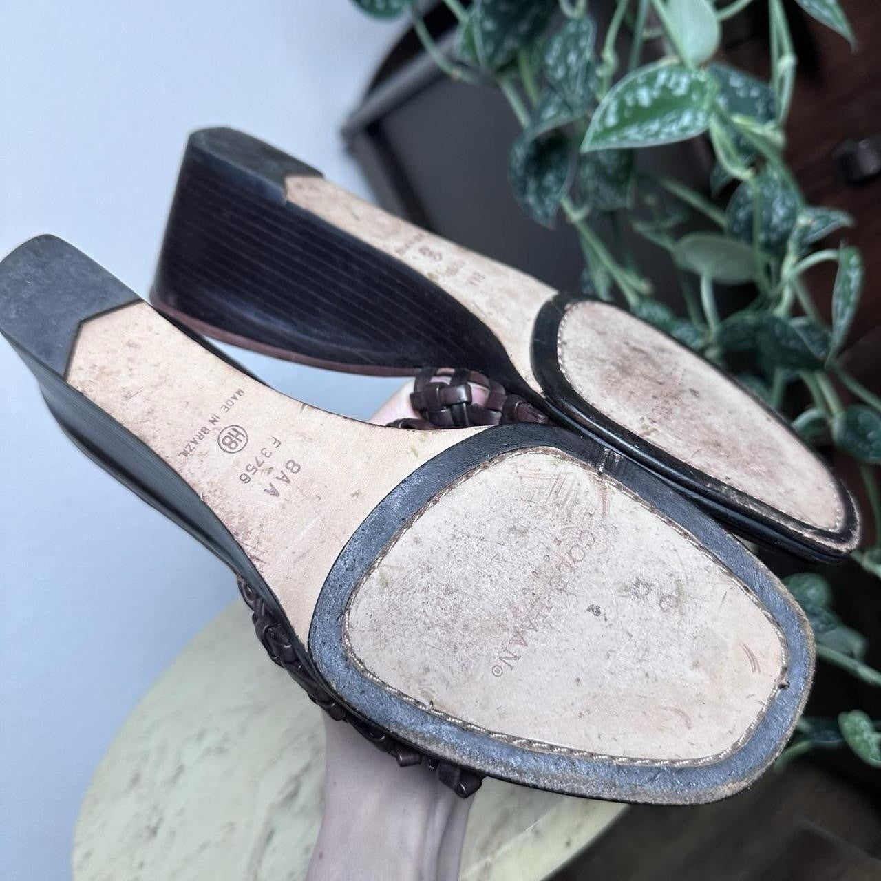 Vintage Woven Leather Brown Wedge Kitten Heels Size 8