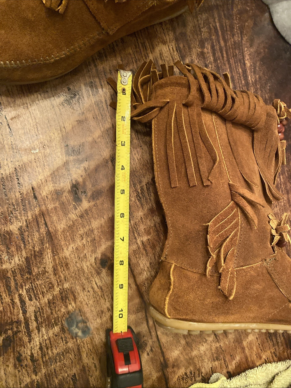 Minnetonka Mocassins Brown Suede Fringed Beaded Boots Sz 9 Woodstock Boho