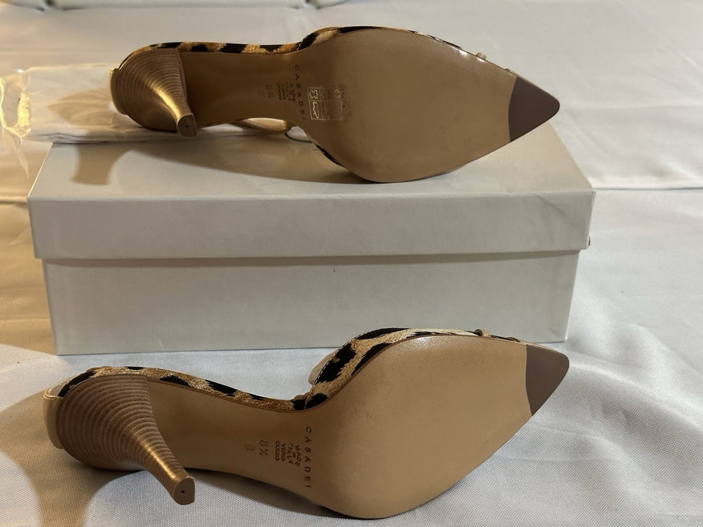 Casadei Natural Leopard Print Beige Leather Ankle Strap Heel 8.5