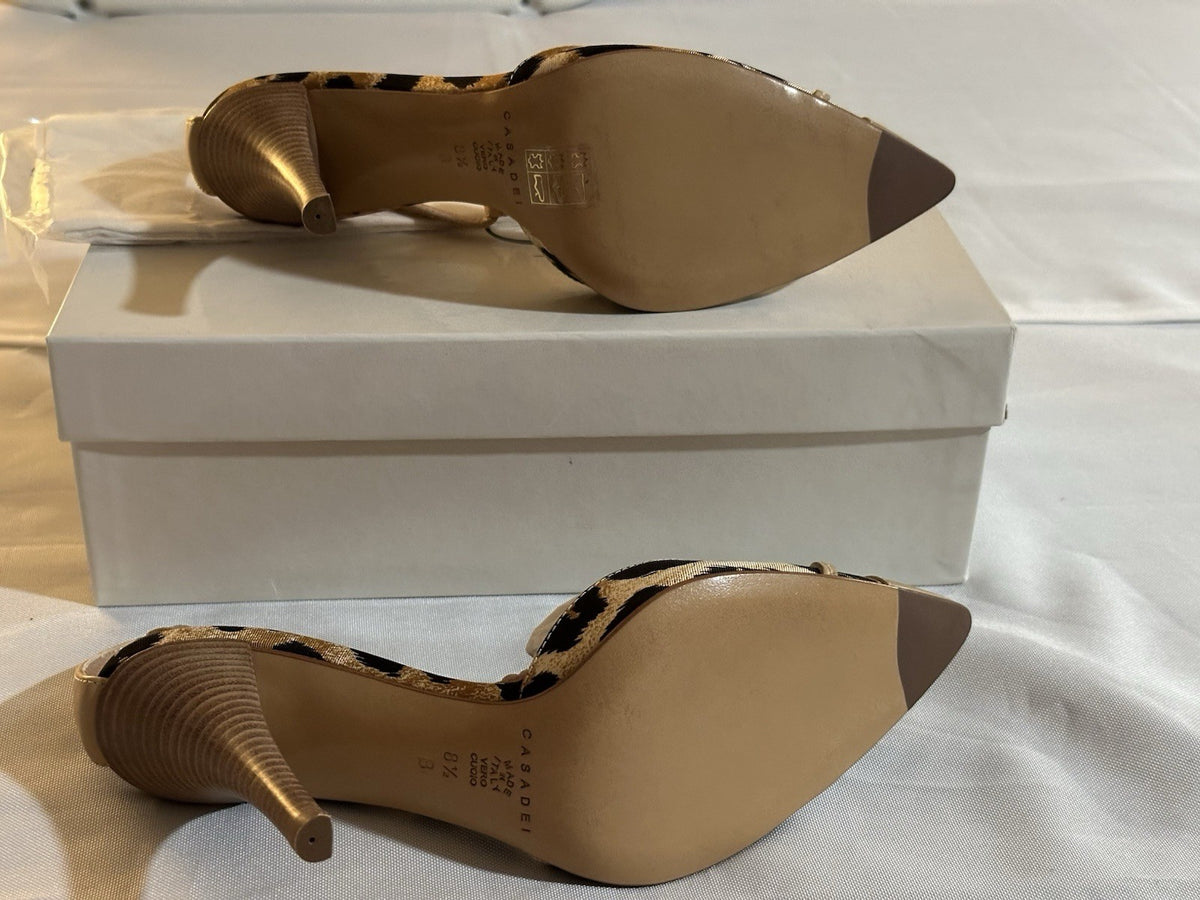 Casadei Natural Leopard Print Beige Leather Ankle Strap Heel 8.5