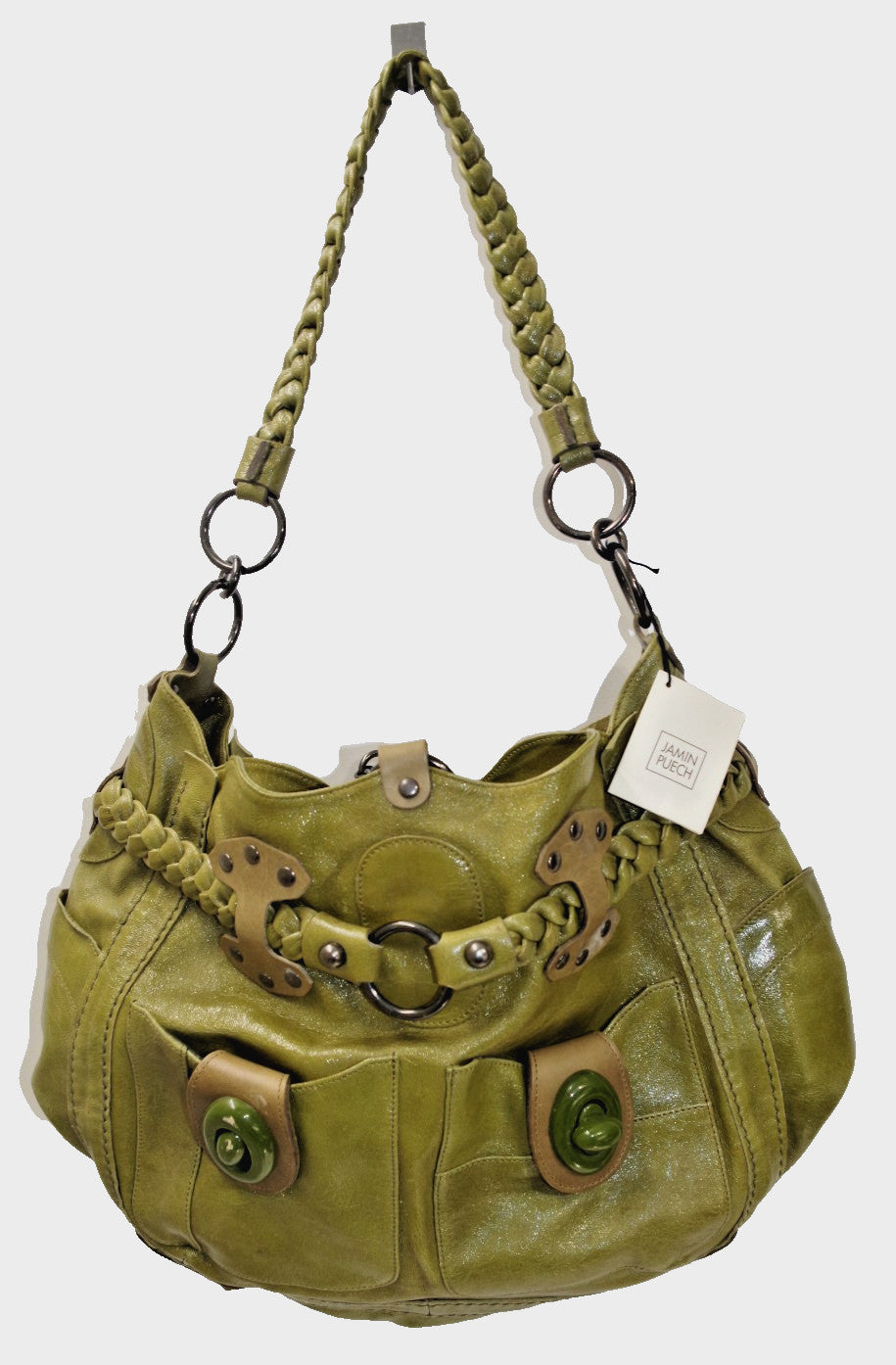 Jamin Puech Green Patent Leather Handbag with Braided Belt