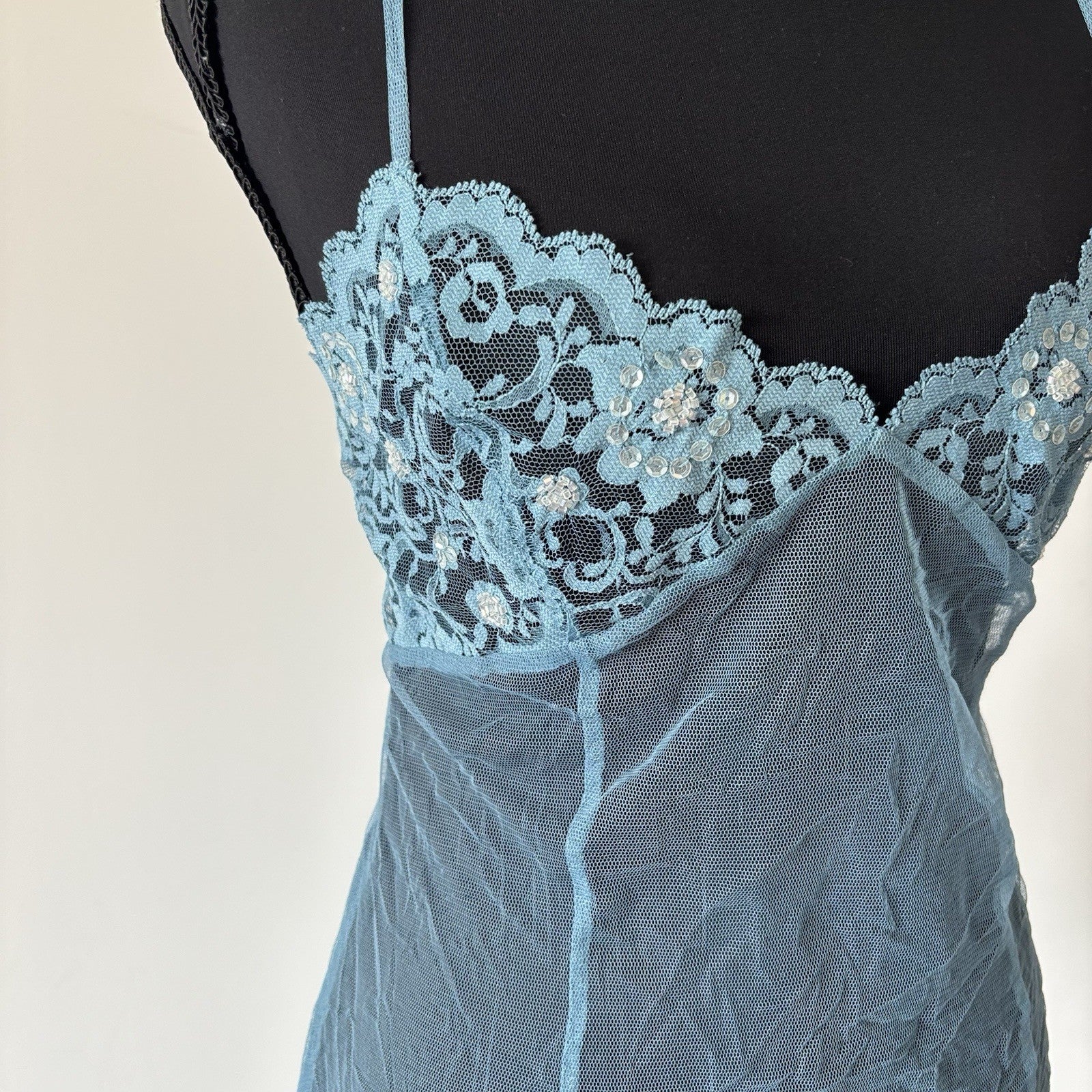 VTG Victoria’s Secret Blue Babydoll Dress Sheer Size M Sequin Lace Romantic Y2K