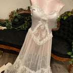Vintage Sheer Lace Floral Lingerie dress Gown bridal ruffle coquette M White