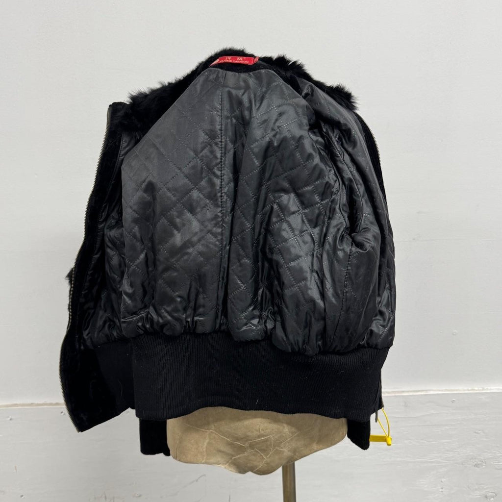 Vintage Y2K Black Plush Rabbit Fur and Velvet Zip-Up Bomber Jacket