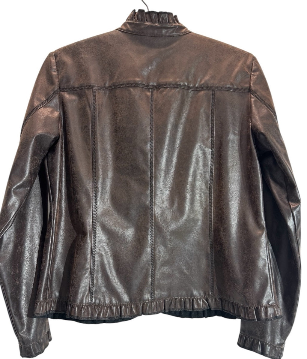 Vintage Women’s Faux Leather Jacket scalloped trim waist length fitted 2 Pockets