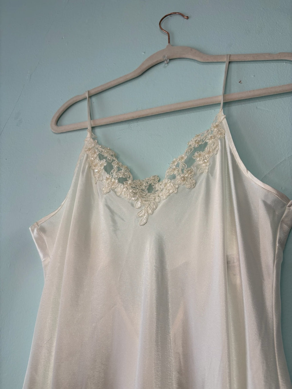 Vintage y2k 90s white beaded sequin chiffon ruffled trim slit  slip dress bow L
